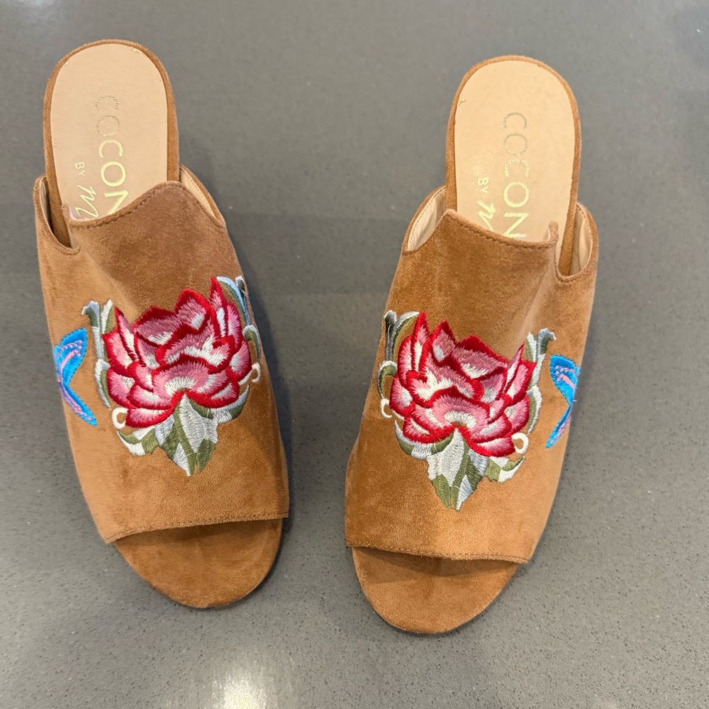 Matisse Brown Wedges with Red and Blue Embroidery